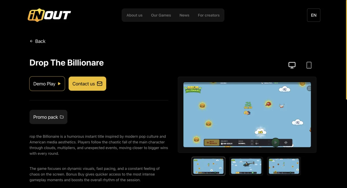 Drop The Billionaire official provider page screenshot