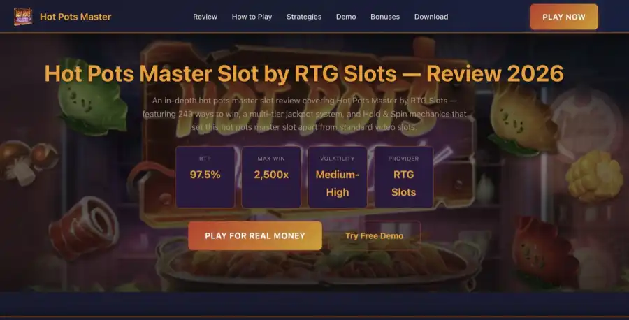 HotPotSlot.com homepage screenshot showing Hot Pots Master facts